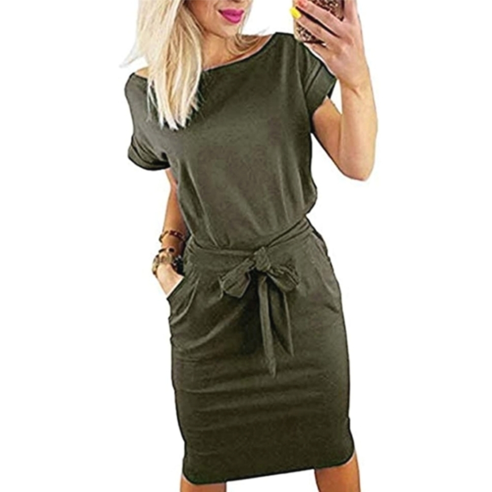 NWOT Boutique Olive Green Wide Neck T-shirt Dress With Tie Waist S/M
